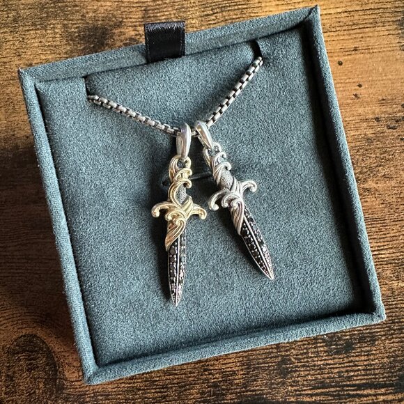 David Yurman Two Waves Dagger w/ 18K Gold, Sterling Silver & Diamonds Necklace - Picture 3 of 16